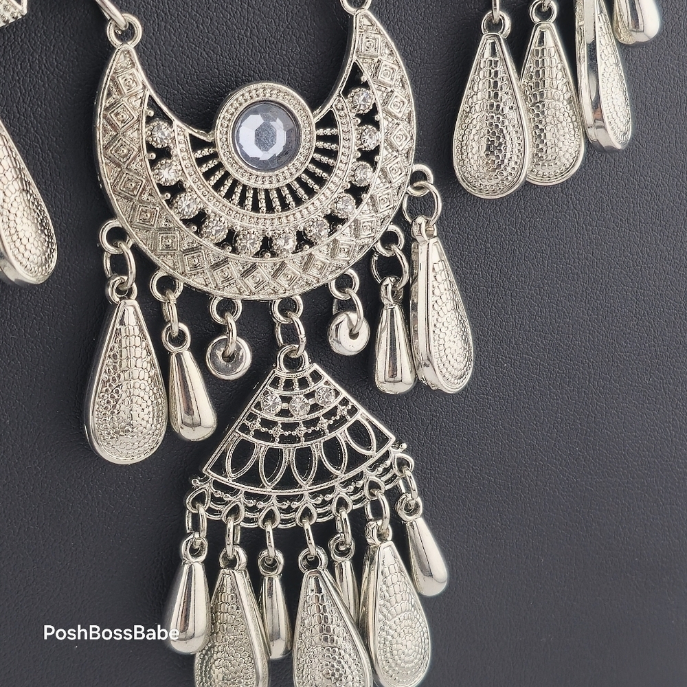 Boho Statement Necklace with Silver-Tone Crescent Medallions – 20-23" Length - Picture 11 of 12